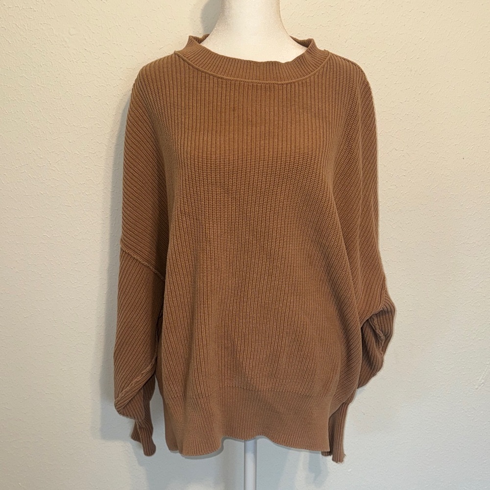 Aerie Tan Drop Sleeve Oversized Crew Neck Sweater Size L